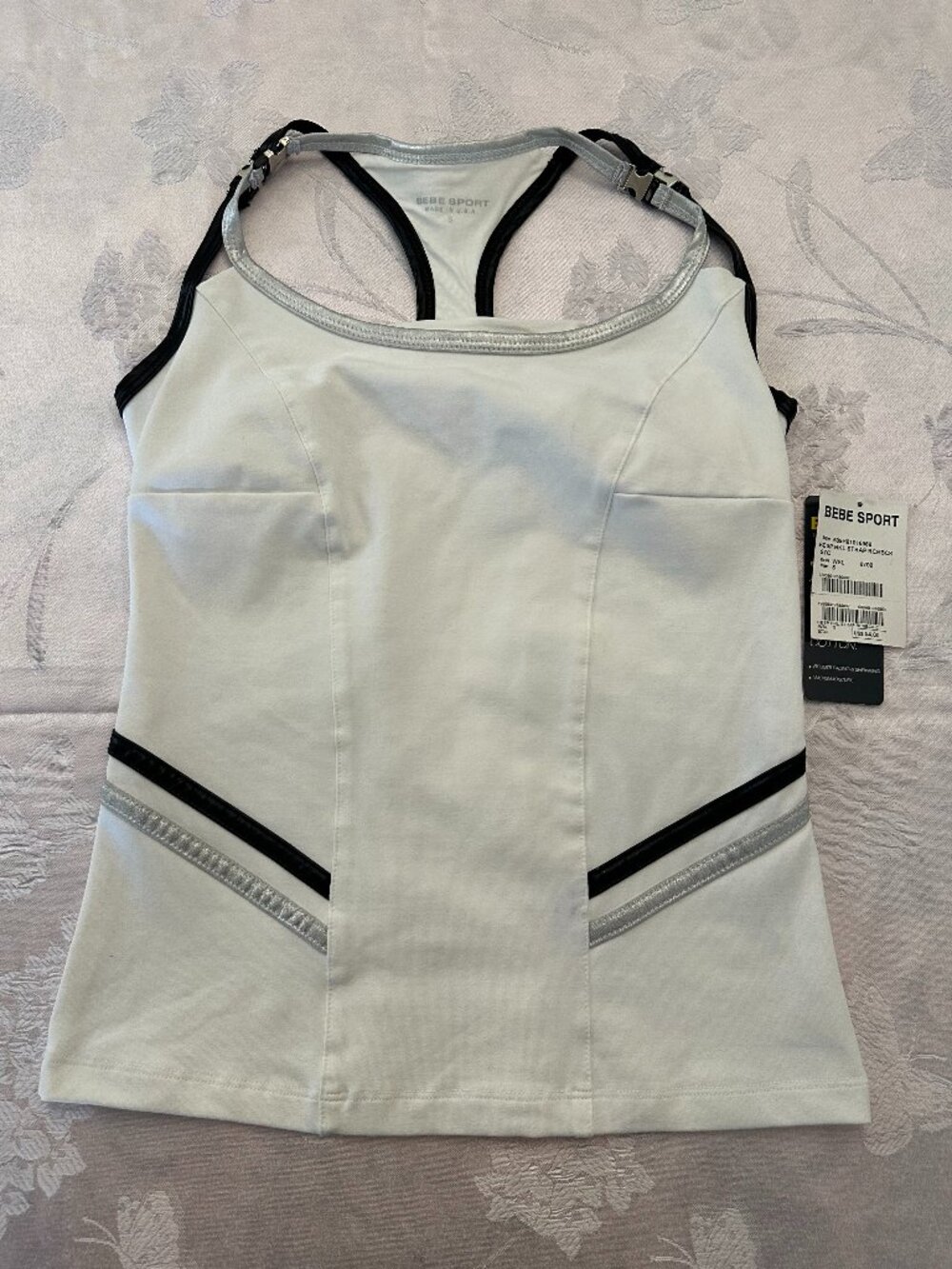 NWT Bebe Sport White Silver Black Racerback Tank Top Y2K Small